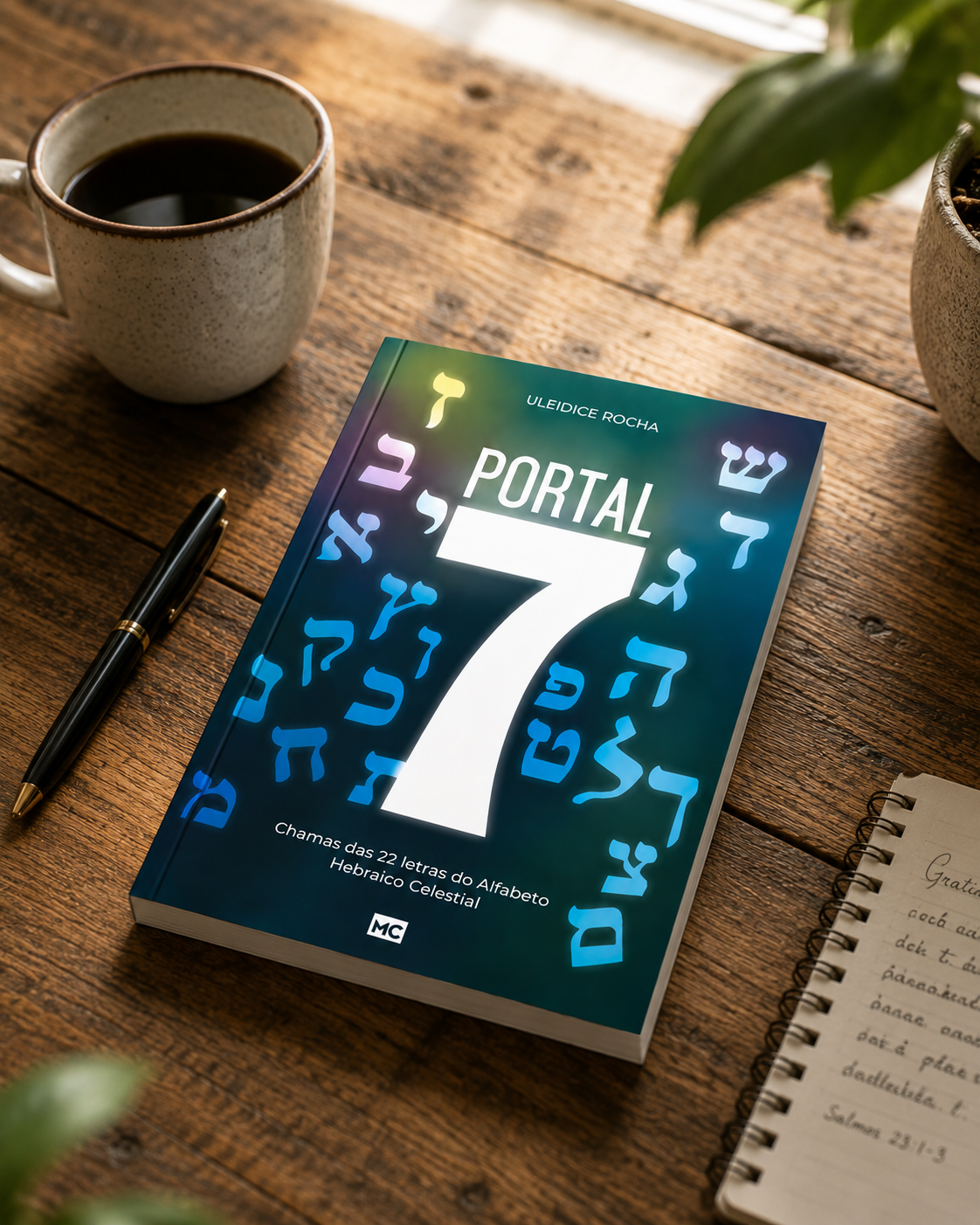 Livro Portal 7 sobre mesa de madeira ao lado de caneta e caderno