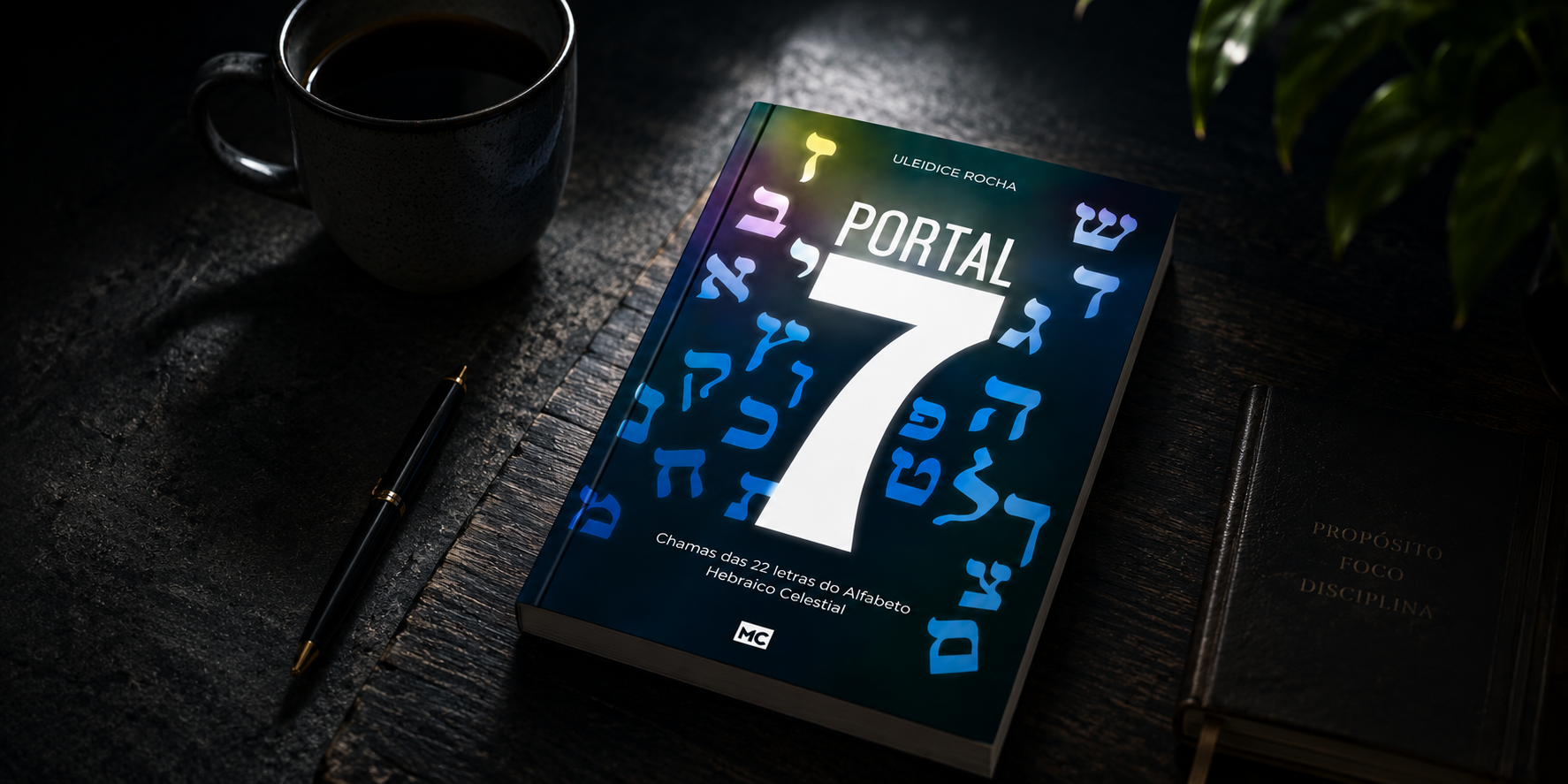 Livro Portal 7 sobre mesa de madeira com caneta e xícara de café